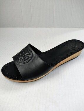 Tory Burch Patty Black Leather Low Wedge Slide Sandals Sz 7